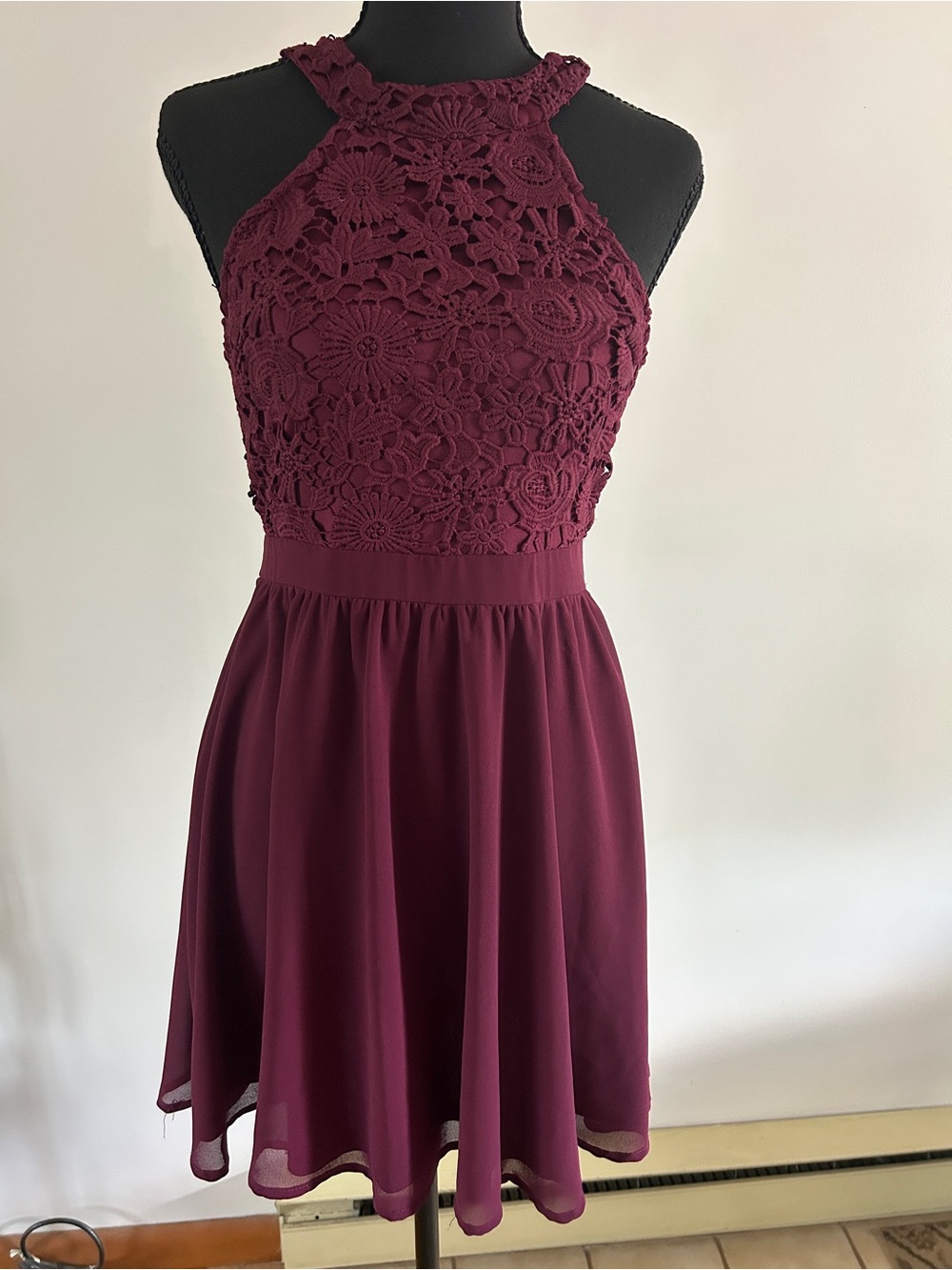 Lulu's Wine Burgundy Lace Halter Mini Dress